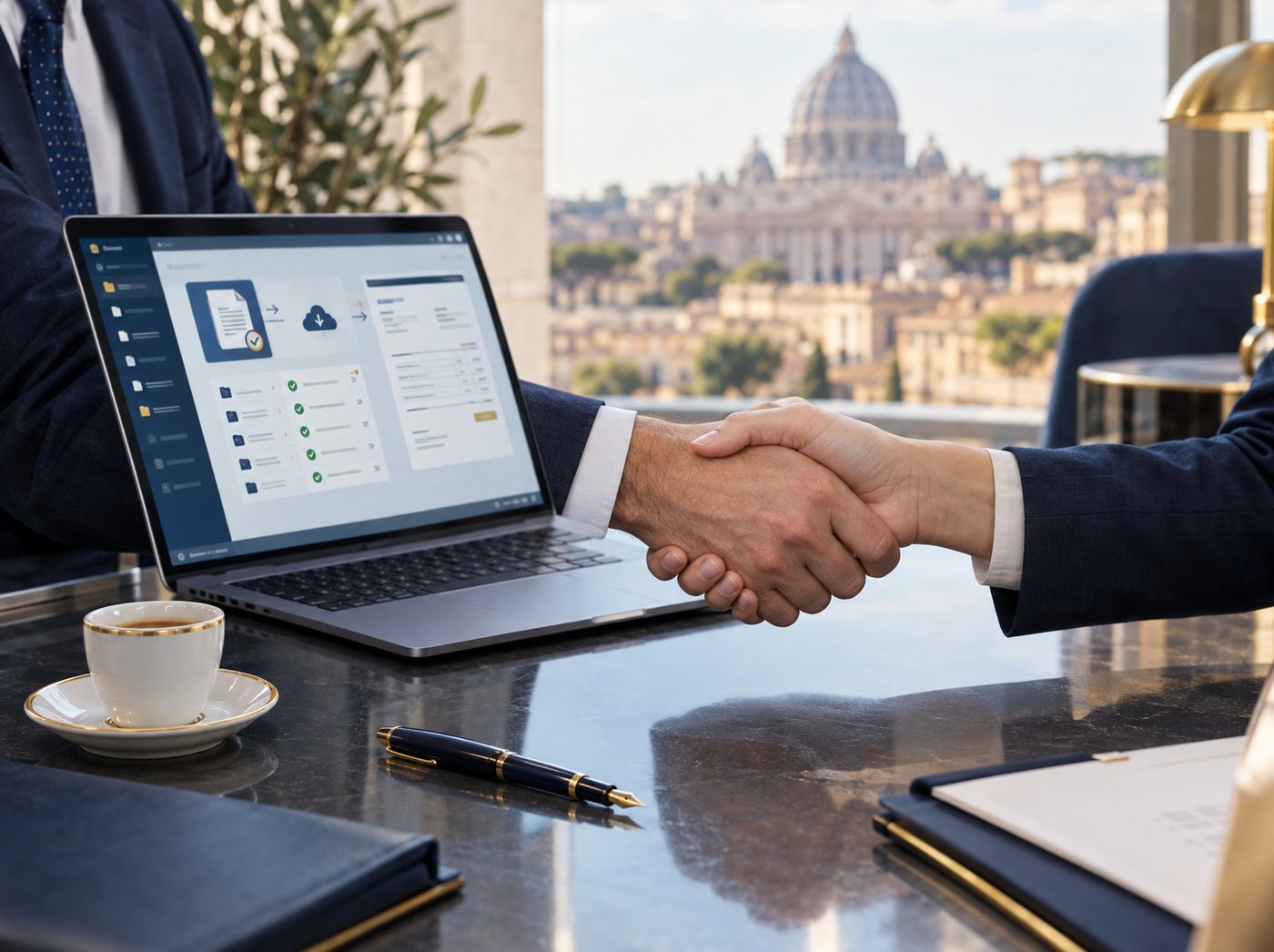Consulente e cliente si stringono la mano in ufficio